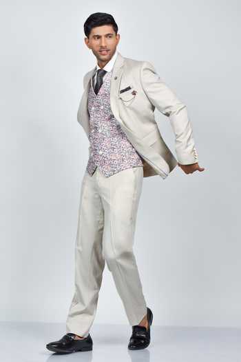 Shop_Soniya G_Cream Crepe, Handloom Cotton, Silk Embroidery Notched Lapel Collar Jacket Set_Online_at_Aza_Fashions