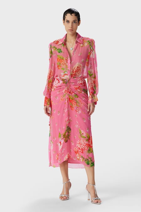 The Iaso Pink Crepe Embroidery Collared Nola Floral Print Shirt at Aza Fashions The Iaso_Pink Crepe Embroidery Collared Nola Floral Print Shirt _at_Aza_Fashions