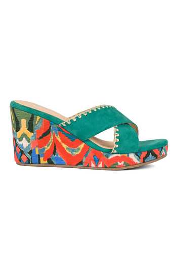 Vanilla Moon_Green Embroidery Noam Leaf Pattern Leather Wedges_Online_at_Aza_Fashions