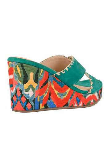 Buy_Vanilla Moon_Green Embroidery Noam Leaf Pattern Leather Wedges_Online_at_Aza_Fashions
