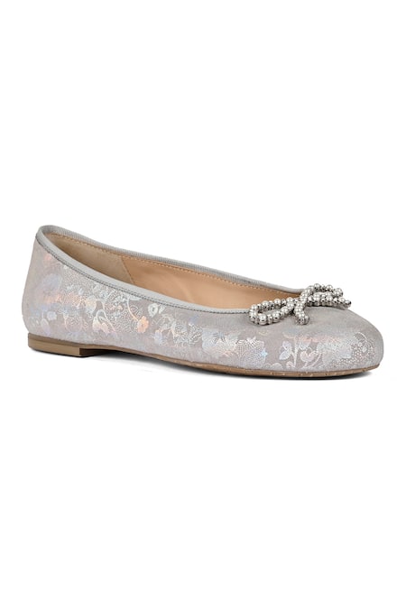 Vanilla Moon Silver Floral Print And Pearl Bow Trim Riley Ballerina Flats 