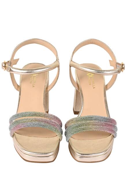Shop_Vanilla Moon_Gold Diamonds Sage Embellished Flare Heels_at_Aza_Fashions