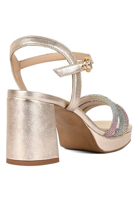 Buy_Vanilla Moon_Gold Diamonds Sage Embellished Flare Heels_Online_at_Aza_Fashions