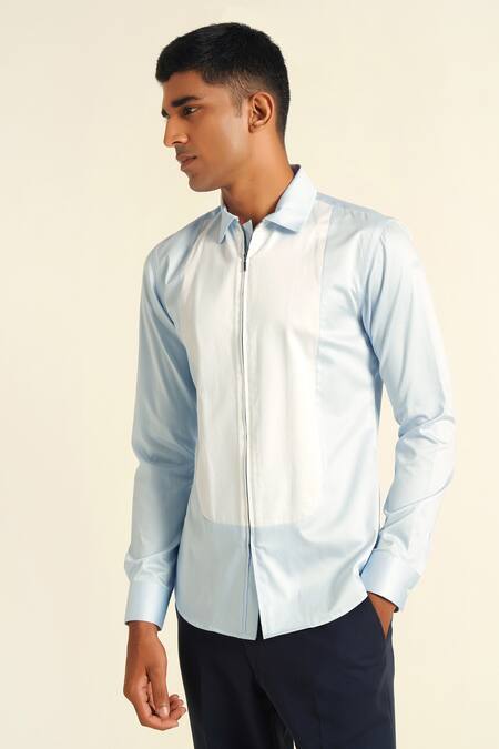 Dhruv Vaish_Blue Cotton Satin Zip Up Shirt_Online_at_Aza_Fashions