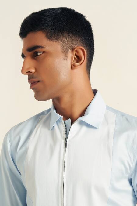 Buy_Dhruv Vaish_Blue Cotton Satin Zip Up Shirt_Online_at_Aza_Fashions