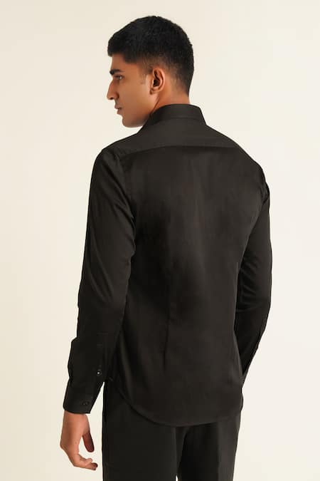 Shop_Dhruv Vaish_Black Cotton Satin Placement Zip Shirt _at_Aza_Fashions