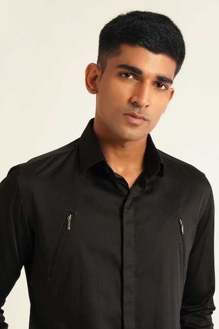 Dhruv Vaish_Black Cotton Satin Placement Zip Shirt _Online_at_Aza_Fashions