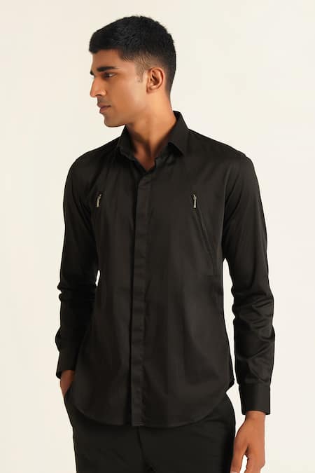 Buy_Dhruv Vaish_Black Cotton Satin Placement Zip Shirt _Online_at_Aza_Fashions