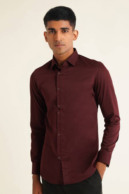 Shop Dhruv Vaish Wine Cotton Satin Solid Shirt at Aza Fashions Shop_Dhruv Vaish_Wine Cotton Satin Solid Shirt_at_Aza_Fashions