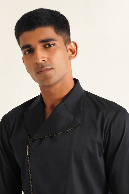 Dhruv Vaish_Blue Cotton Satin Plain Kurta Shirt_Online_at_Aza_Fashions