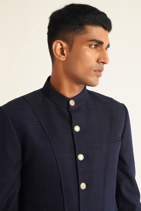 Dhruv Vaish_Blue Silk Panelled Bandhgala Set _Online_at_Aza_Fashions