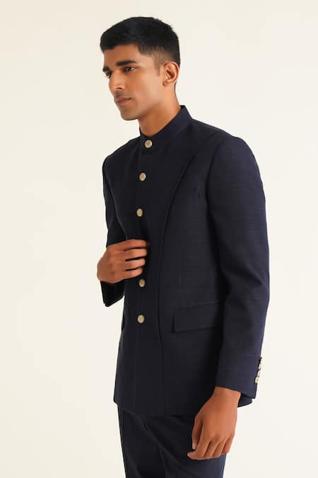 Buy_Dhruv Vaish_Blue Silk Panelled Bandhgala Set _Online_at_Aza_Fashions