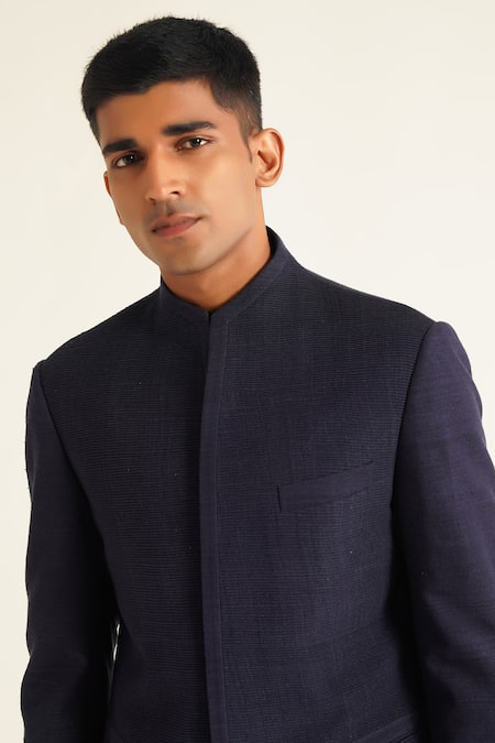 Dhruv Vaish Blue Silk Pintucked Bandhgala Set Online at Aza Fashions Dhruv Vaish_Blue Silk Pintucked Bandhgala Set _Online_at_Aza_Fashions