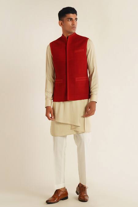 Dhruv Vaish_Red Silk Jawahar Jacket _Online_at_Aza_Fashions