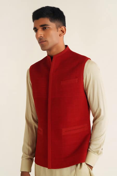 Buy_Dhruv Vaish_Red Silk Jawahar Jacket _Online_at_Aza_Fashions