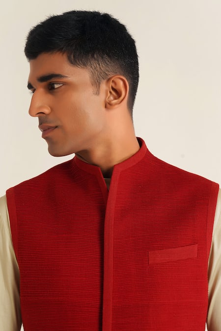 Shop_Dhruv Vaish_Red Silk Jawahar Jacket _Online_at_Aza_Fashions