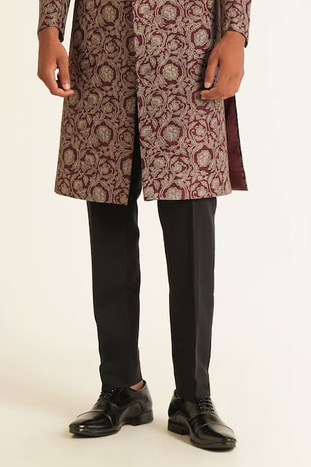 Dhruv Vaish_Purple Silk Embroidery Floral Thread Sherwani Set _Online_at_Aza_Fashions