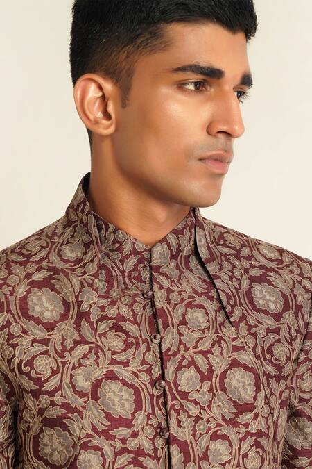 Buy_Dhruv Vaish_Purple Silk Embroidery Floral Thread Sherwani Set _Online_at_Aza_Fashions