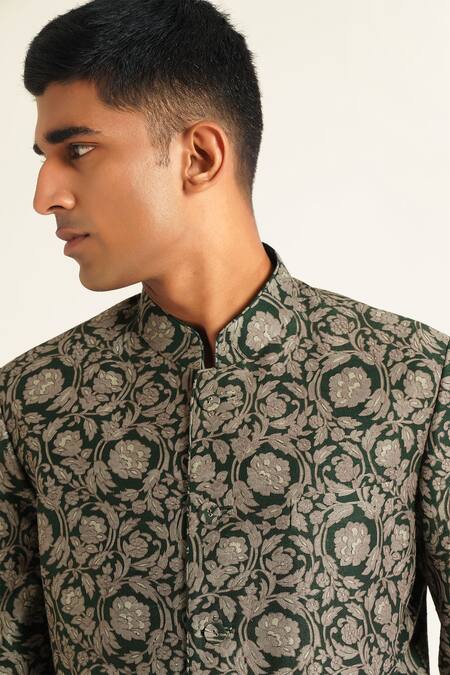 Dhruv Vaish_Green Silk Embroidery Floral Print And Bandhgala _Online_at_Aza_Fashions