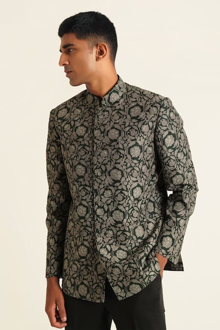 Buy_Dhruv Vaish_Green Silk Embroidery Floral Print And Bandhgala _Online_at_Aza_Fashions