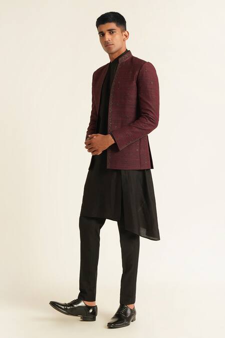 Buy_Dhruv Vaish_Purple Silk Sequins, Beads Embroidered Open Bandhgala _Online_at_Aza_Fashions