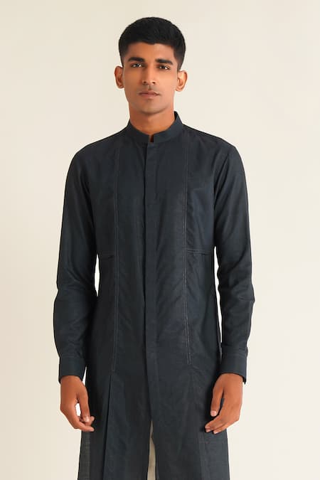 Shop Dhruv Vaish Blue Cotton, Silk Band Collar Panelled Kurta Set at Aza Fashions Shop_Dhruv Vaish_Blue Cotton, Silk Band Collar Panelled Kurta Set _at_Aza_Fashions