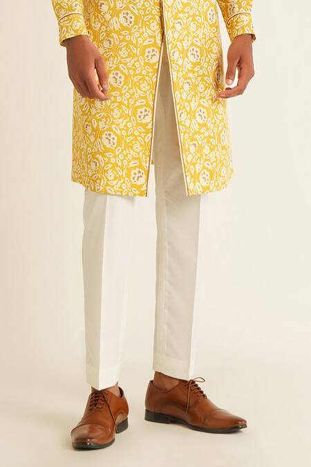 Dhruv Vaish_Yellow Cotton, Silk Embroidery, Sequins Floral Jaal Print Kurta Set _Online_at_Aza_Fashions