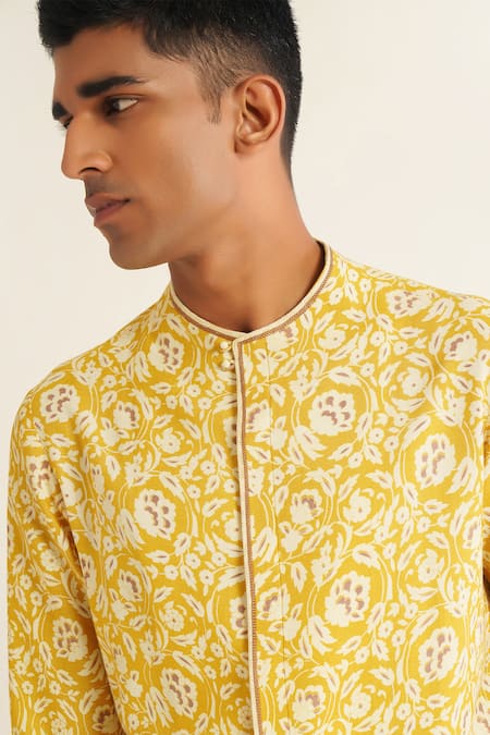 Buy_Dhruv Vaish_Yellow Cotton, Silk Embroidery, Sequins Floral Jaal Print Kurta Set _Online_at_Aza_Fashions