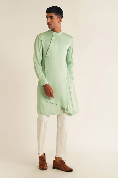 Buy_Dhruv Vaish_Green Modal, Satin Asymmetric Panelled Kurta Set_Online_at_Aza_Fashions