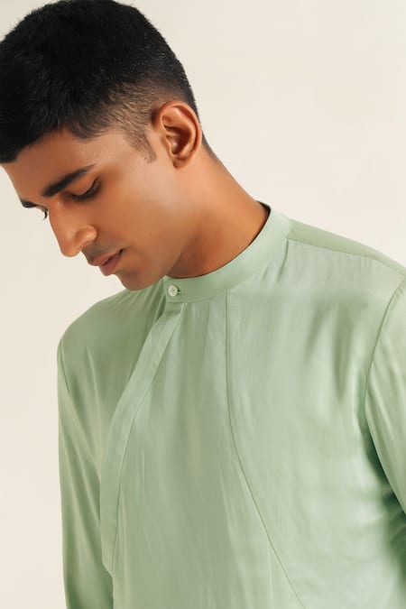 Shop_Dhruv Vaish_Green Modal, Satin Asymmetric Panelled Kurta Set_Online_at_Aza_Fashions