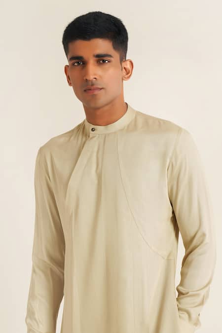 Dhruv Vaish_Beige Modal, Satin Solid Asymmetric Panelled Kurta Set_Online_at_Aza_Fashions