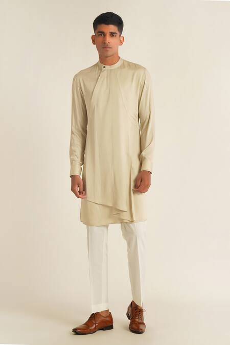 Shop_Dhruv Vaish_Beige Modal, Satin Solid Asymmetric Panelled Kurta Set_Online_at_Aza_Fashions