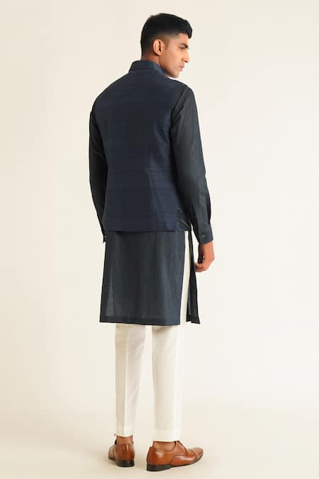 Shop Dhruv Vaish Blue Silk Zari Navy Iris Embroidered Jawahar Jacket at Aza Fashions Shop_Dhruv Vaish_Blue Silk Zari Navy Iris Embroidered Jawahar Jacket _at_Aza_Fashions