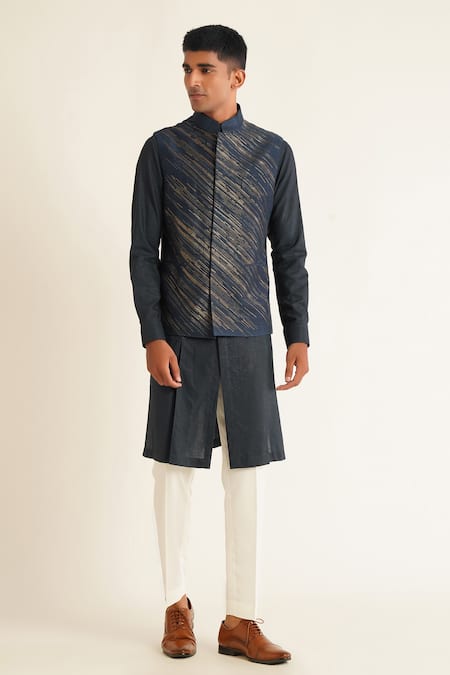 Dhruv Vaish Blue Silk Zari Navy Iris Embroidered Jawahar Jacket Online at Aza Fashions Dhruv Vaish_Blue Silk Zari Navy Iris Embroidered Jawahar Jacket _Online_at_Aza_Fashions