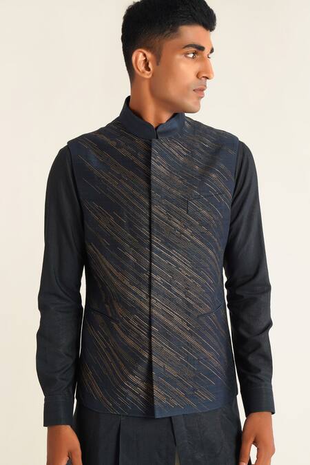 Shop Dhruv Vaish Blue Silk Zari Navy Iris Embroidered Jawahar Jacket Online at Aza Fashions Shop_Dhruv Vaish_Blue Silk Zari Navy Iris Embroidered Jawahar Jacket _Online_at_Aza_Fashions