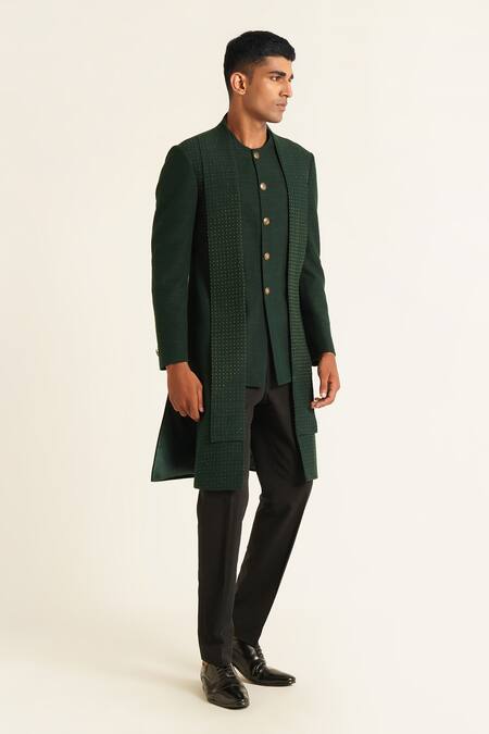 Dhruv Vaish_Green Silk Metallic Thread Bead Embroidered Asymmetric Sherwani Set _Online_at_Aza_Fashions