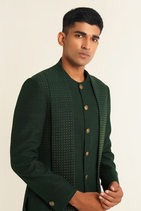 Buy_Dhruv Vaish_Green Silk Metallic Thread Bead Embroidered Asymmetric Sherwani Set _Online_at_Aza_Fashions