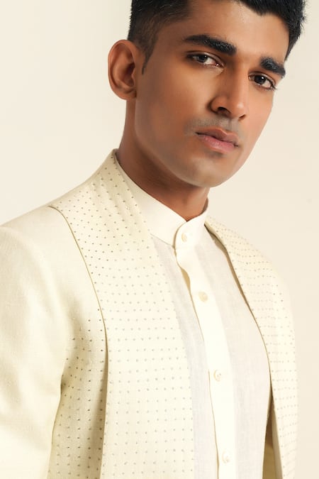 Shop Dhruv Vaish Ivory Silk Embroidery French Knot Bandhgala Set Online at Aza Fashions Shop_Dhruv Vaish_Ivory Silk Embroidery French Knot Bandhgala Set _Online_at_Aza_Fashions