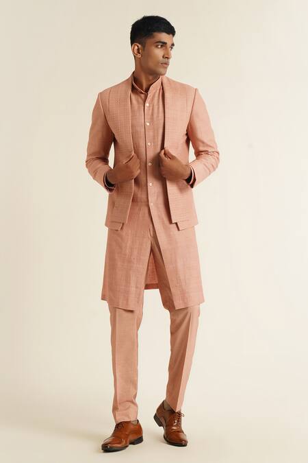 Buy_Dhruv Vaish_Pink Silk Embroidery Open Bandhgala Set _Online_at_Aza_Fashions