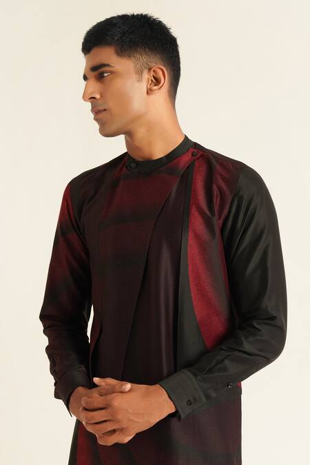 Buy_Dhruv Vaish_Black Cotton, Silk, Chanderi Asymmetric Panelled Printed Kurta Set_Online_at_Aza_Fashions