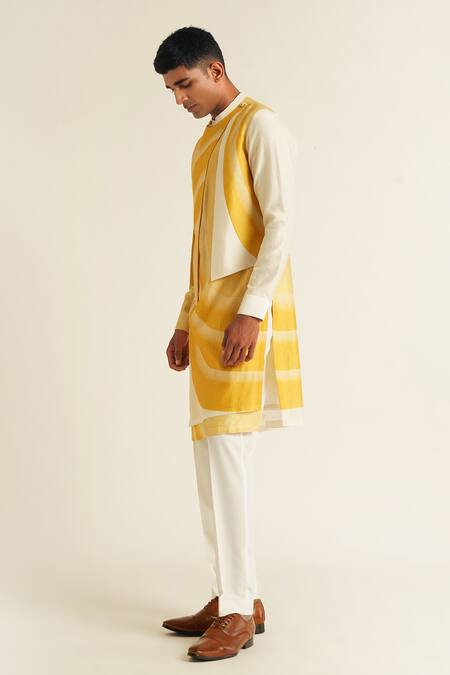 Dhruv Vaish_Yellow Cotton, Silk, Chanderi Embroidery Stroke Print Panelled Kurta Set_Online_at_Aza_Fashions