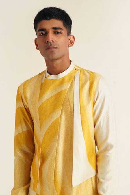 Buy_Dhruv Vaish_Yellow Cotton, Silk, Chanderi Embroidery Stroke Print Panelled Kurta Set_Online_at_Aza_Fashions