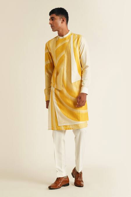 Shop_Dhruv Vaish_Yellow Cotton, Silk, Chanderi Embroidery Stroke Print Panelled Kurta Set_Online_at_Aza_Fashions