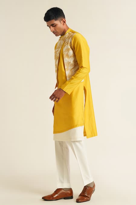 Dhruv Vaish_Yellow Chanderi, Cotton, Silk Printed Panelled Kurta Set _Online_at_Aza_Fashions
