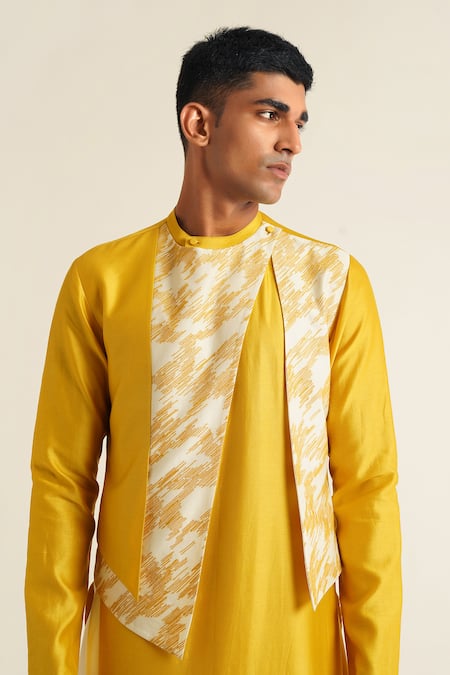 Buy_Dhruv Vaish_Yellow Chanderi, Cotton, Silk Printed Panelled Kurta Set _Online_at_Aza_Fashions