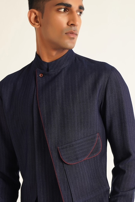 Dhruv Vaish_Blue Hemp, Cotton Piping Herringbone Pattern Panelled Kurta Set_Online_at_Aza_Fashions
