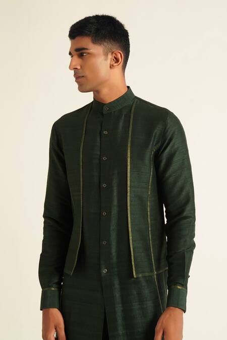 Buy_Dhruv Vaish_Green Silk Raw Panelled Kurta Set_Online_at_Aza_Fashions