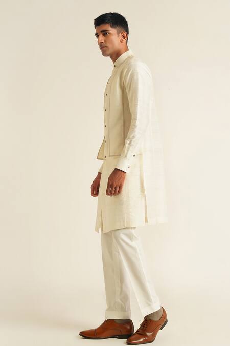 Buy_Dhruv Vaish_Ivory Silk Raw Full Sleeve Kurta Set_Online_at_Aza_Fashions