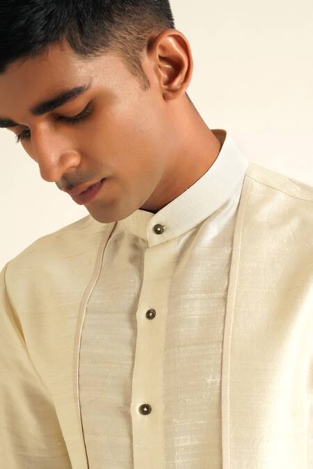 Dhruv Vaish_Ivory Silk Raw Full Sleeve Kurta Set_at_Aza_Fashions