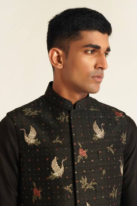 Dhruv Vaish_Black Silk Embroidery Jawahar Jacket _Online_at_Aza_Fashions